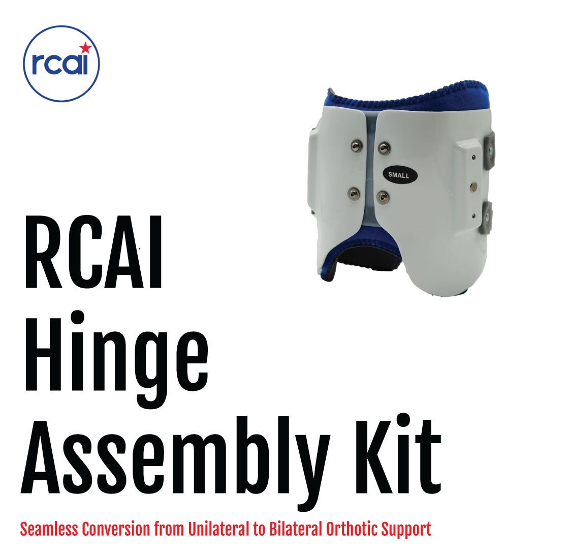 White and blue orthopedic hinge assembly kit with adjustable straps and metal rivets.