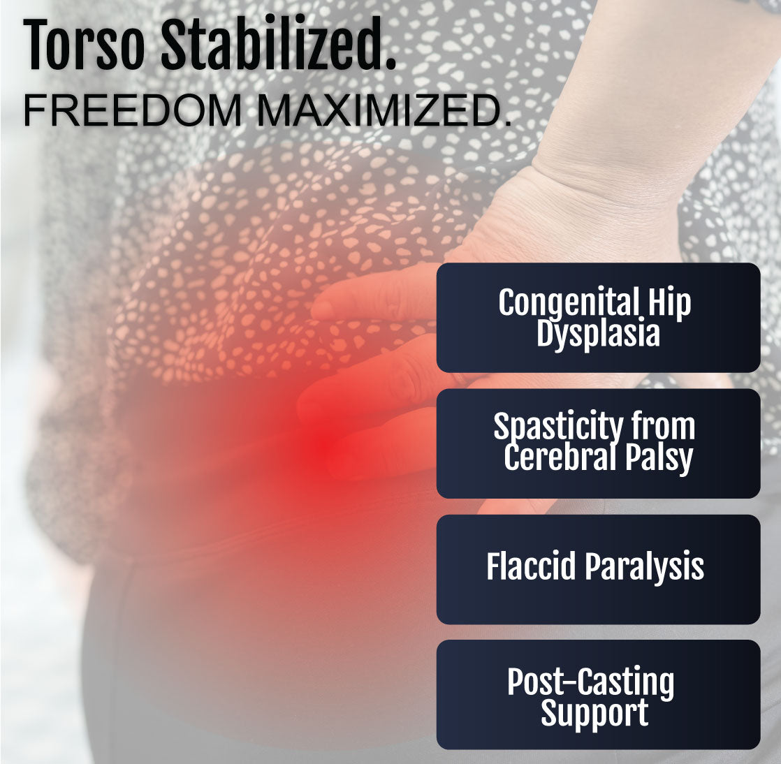 Medical illustration of a red-highlighted hip joint affected by congenital hip dysplasia and cerebral palsy conditions.