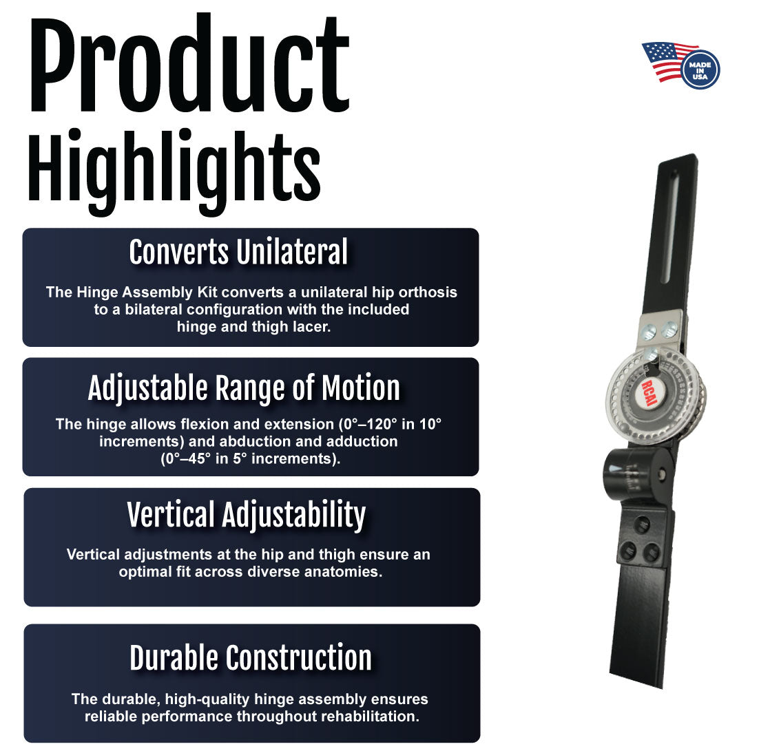 Hinge assembly kit components with adjustable range and vertical adjustability features displayed on instructional board.