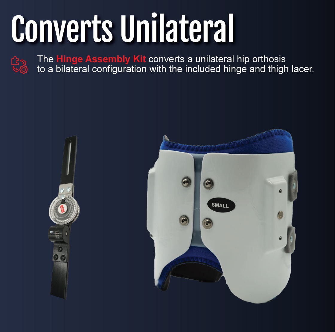 White orthopedic hinge assembly with blue padding and adjustable metal hinge on black strap.