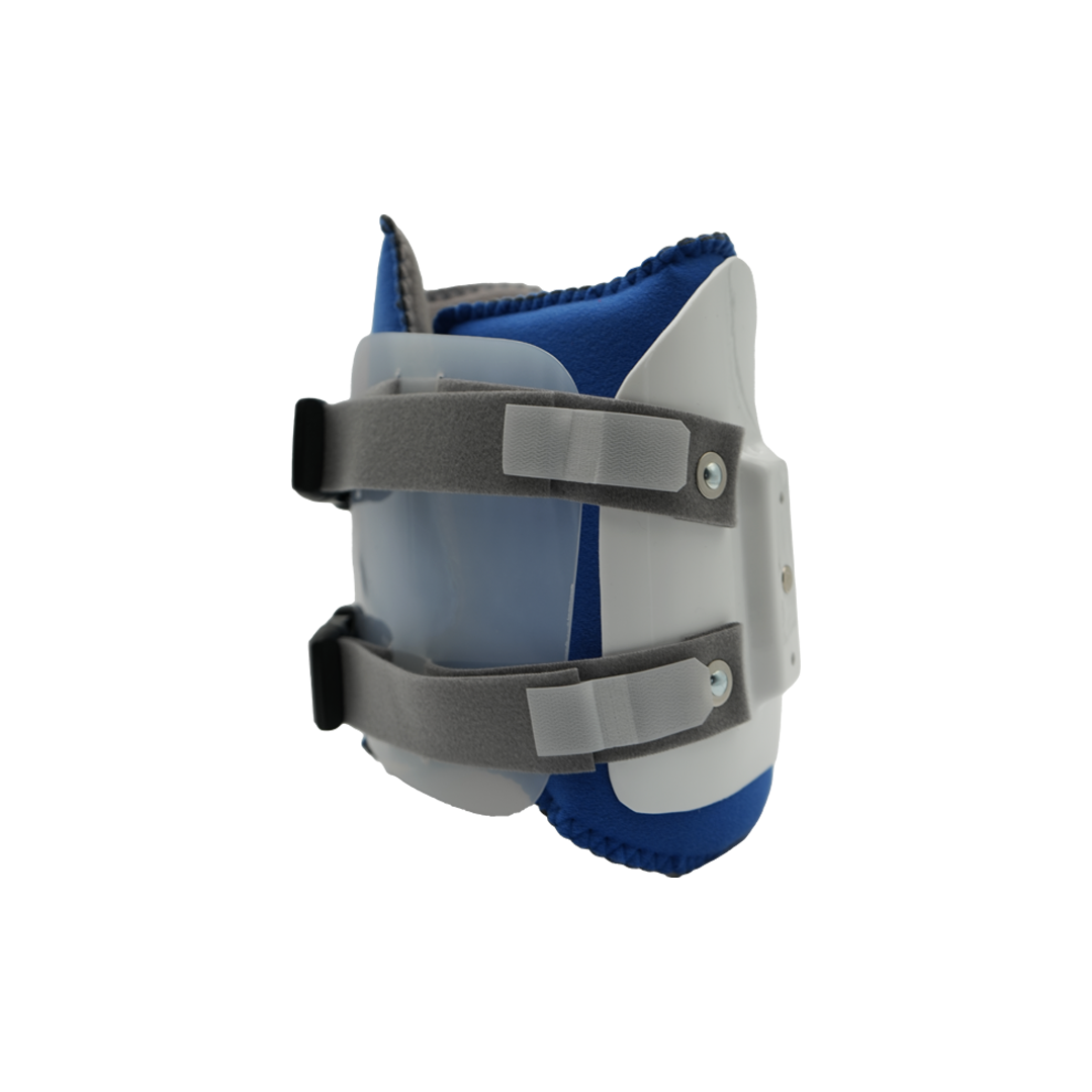 Blue and white orthopedic hinge brace with two adjustable gray straps and metal fasteners.