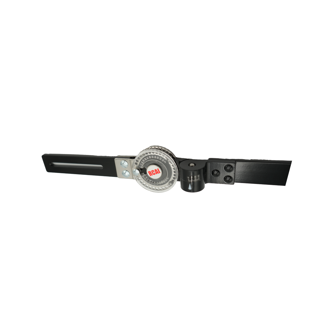 Black metal hinge assembly with circular silver adjustment dial and mounting brackets.