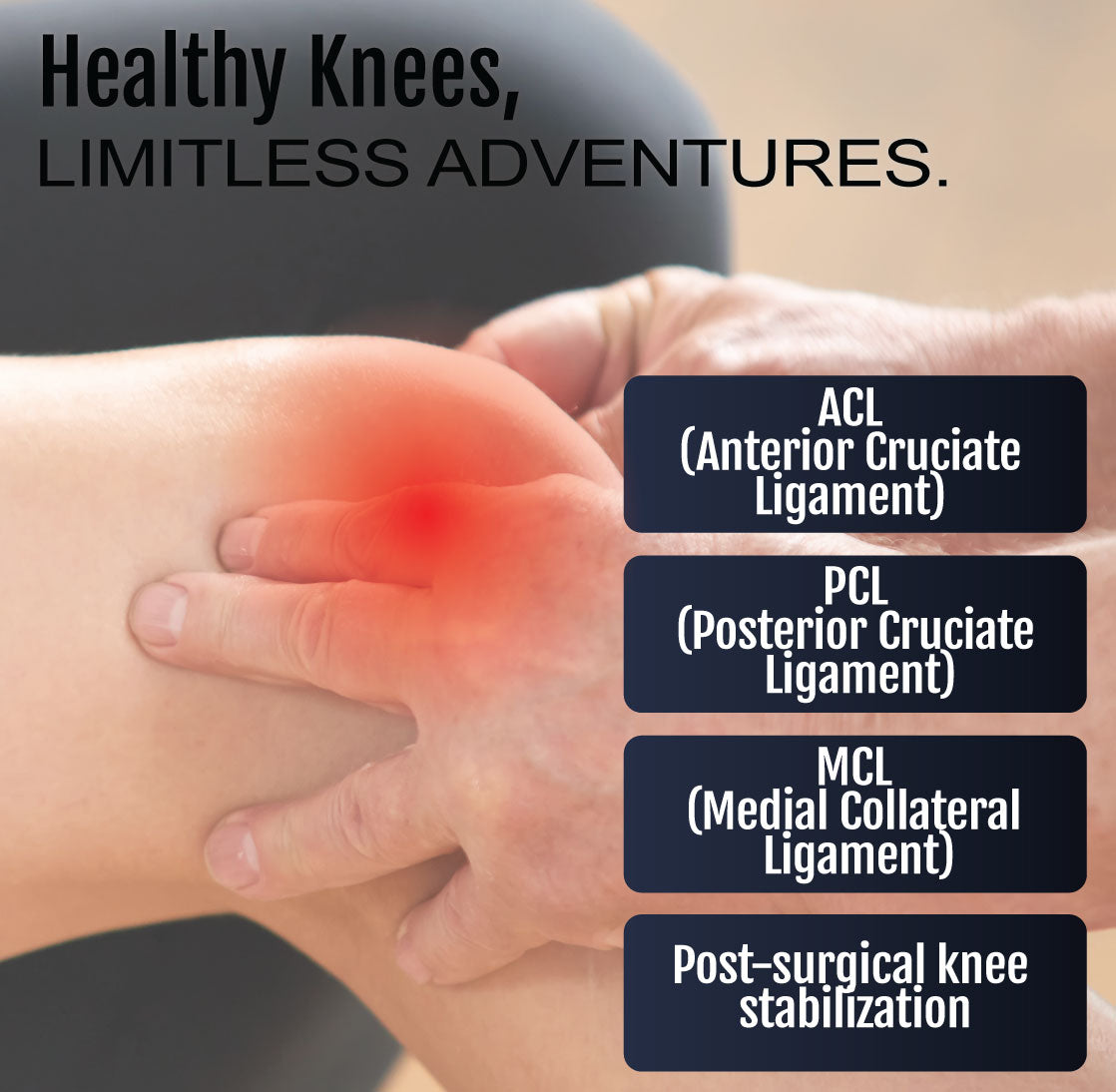 Hand holding knee highlighted with red around the joint showing support areas for ACL, PCL, MCL, and post-surgical.