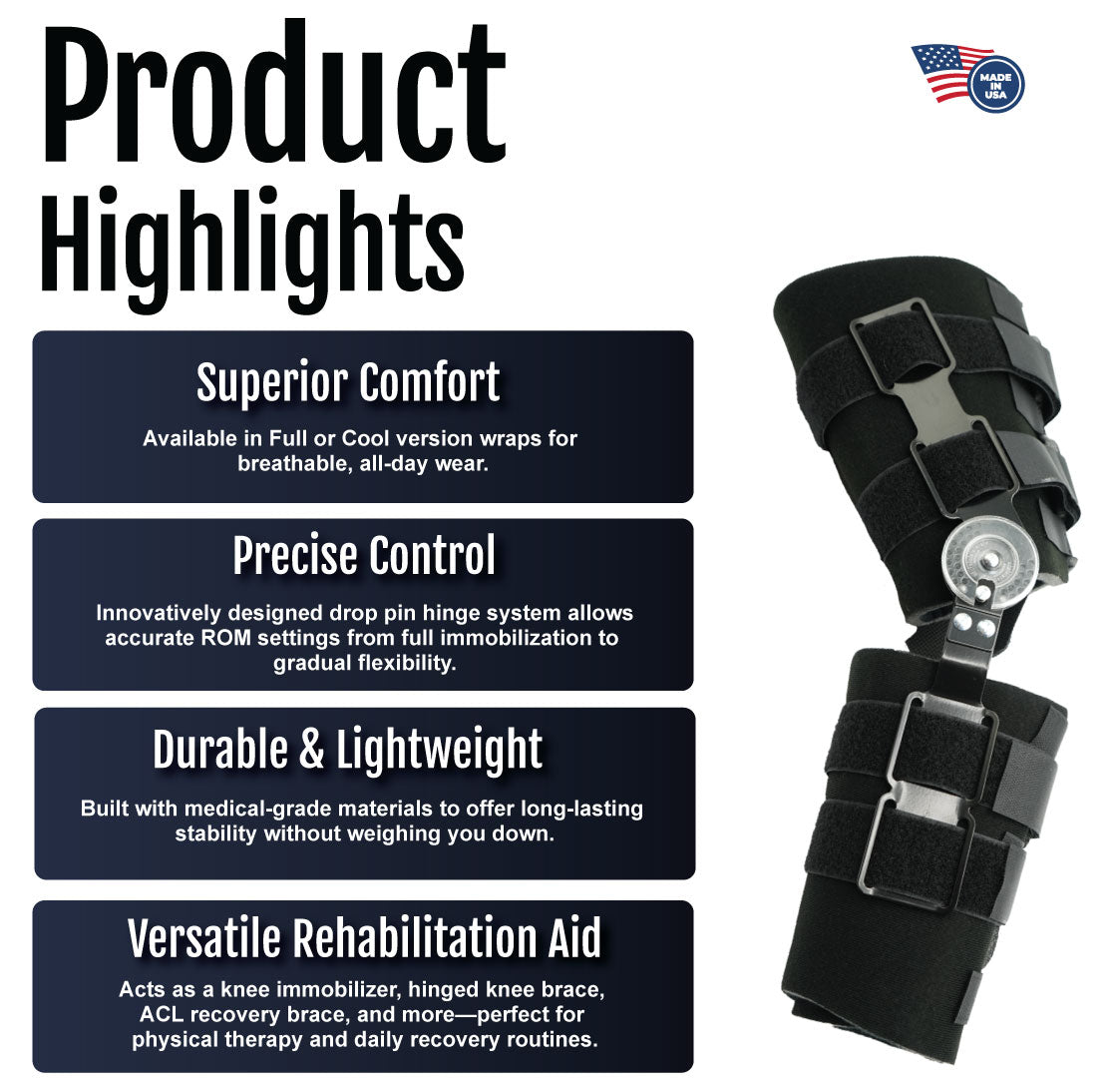 Post Operative Pin Knee Brace features superior comfort, precise control, durable lightweight design, versatile for mobility .