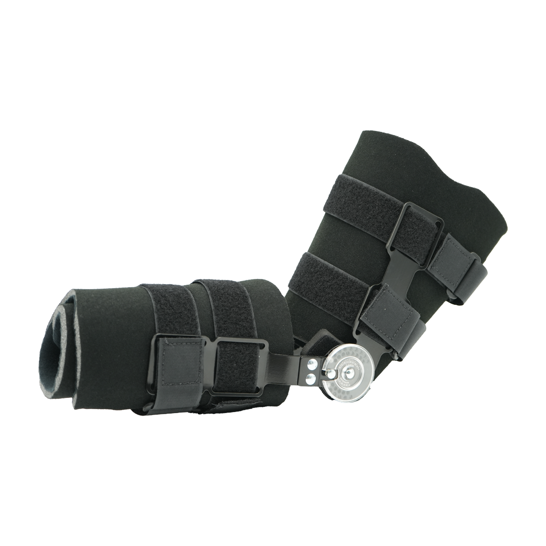Black Post Operative Pin knee brace with adjustable straps and metal hinge support.