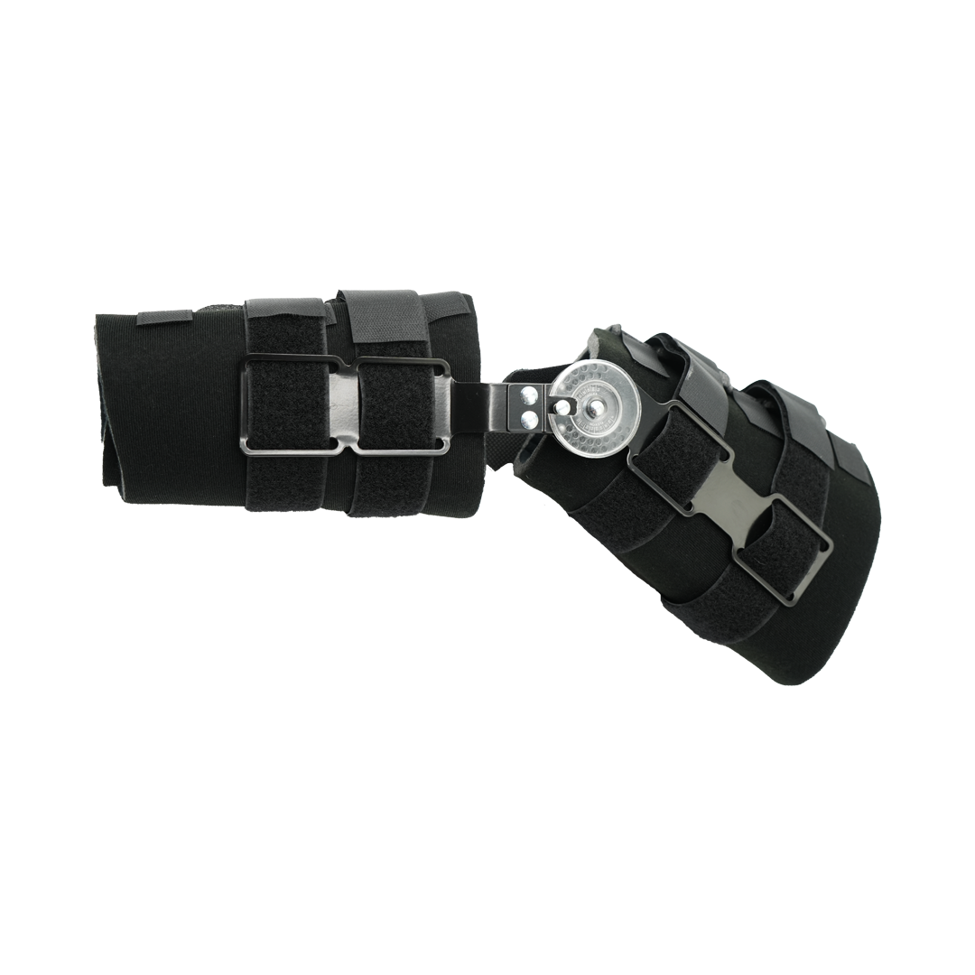 Black adjustable Post Operative Pin knee brace with metal hinge and four secure straps.