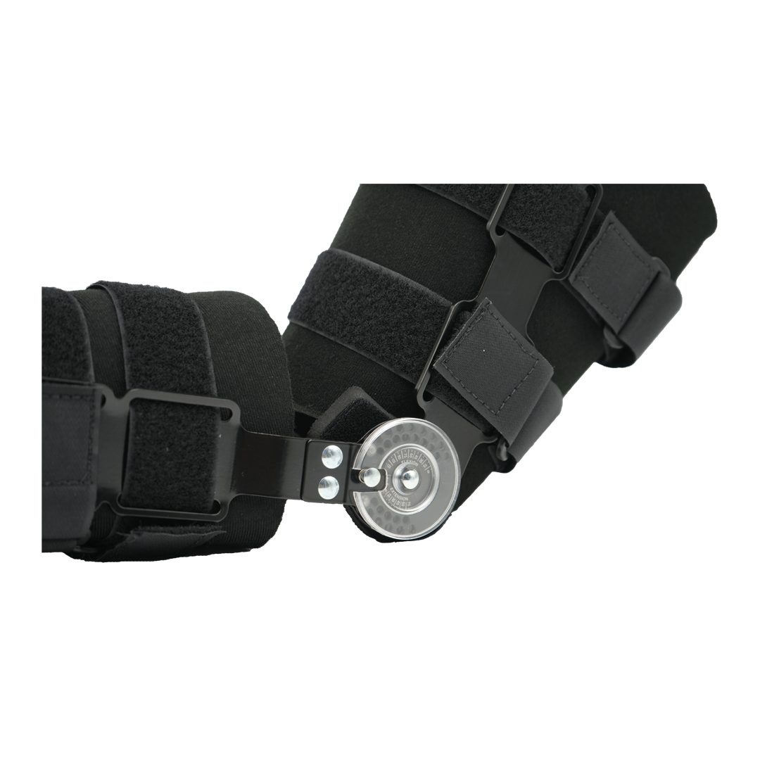 Black adjustable Post Operative Pin knee brace with metal hinge and Velcro straps.