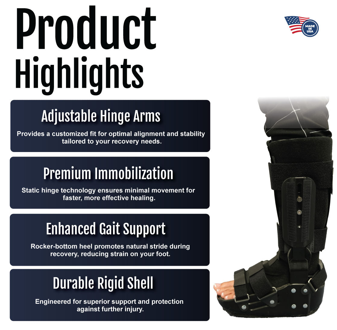 Black orthopedic recovery boot with adjustable hinge arms and durable rigid shell displayed on a dark background.