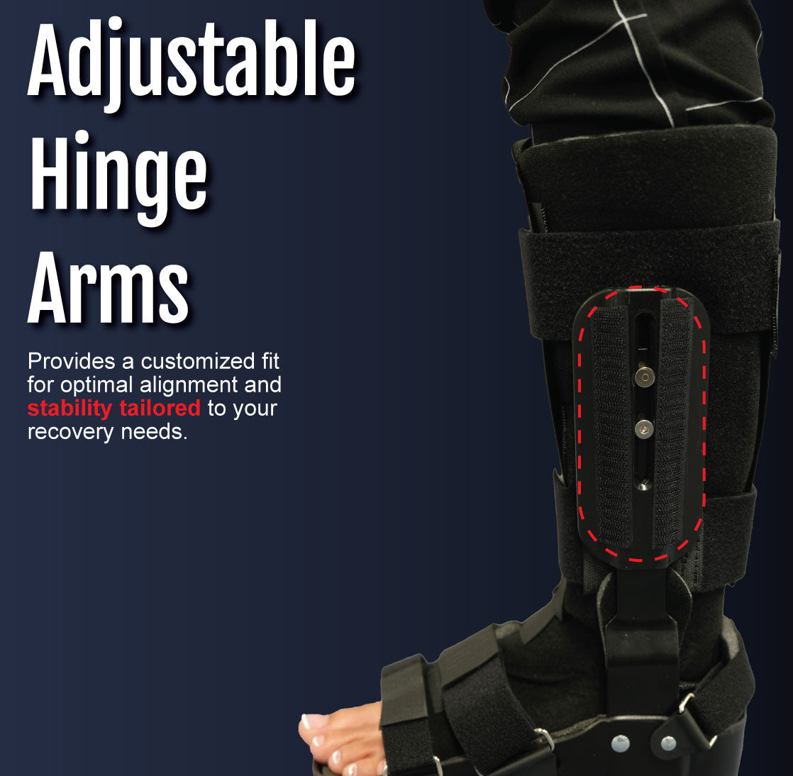 Close-up of black orthopedic recovery boot with adjustable hinge arms and red stitching on calf support panel.
