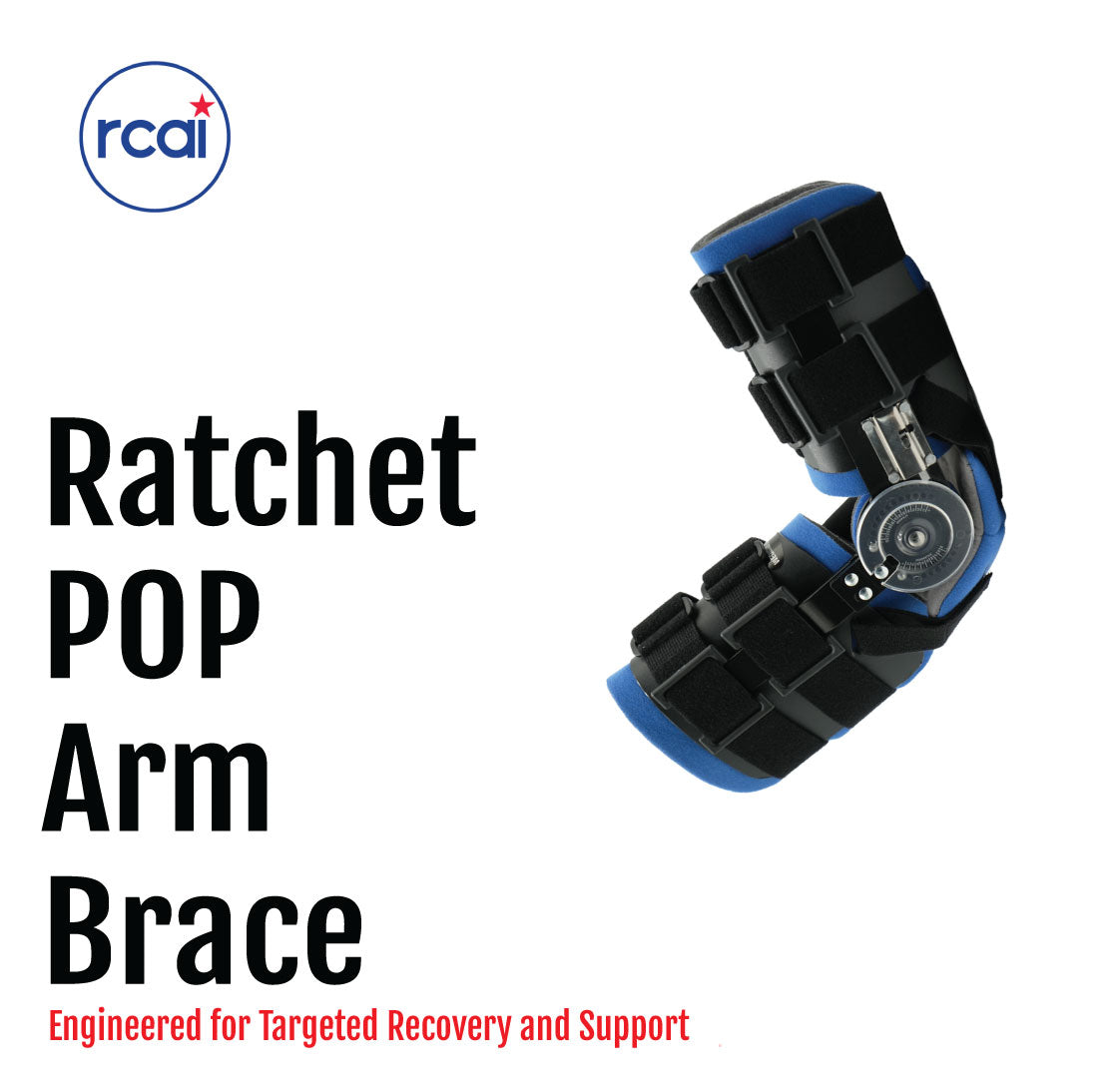 Black and blue adjustable ratchet arm brace with metal hinge for post-surgery support.