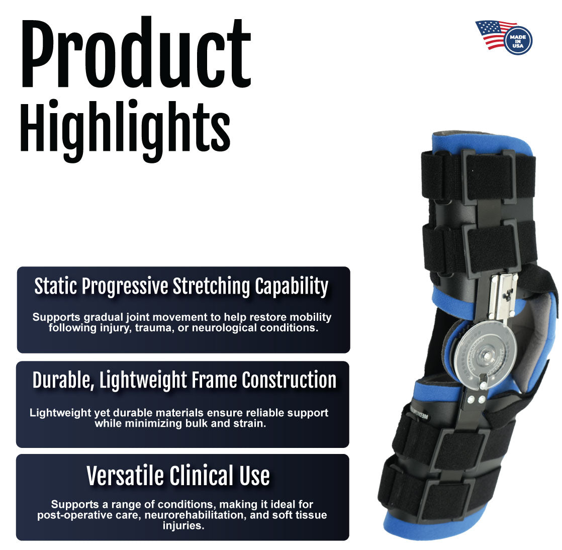 Black ratchet arm brace with blue soft padding, adjustable straps, and lightweight metal frame for support and mobility.