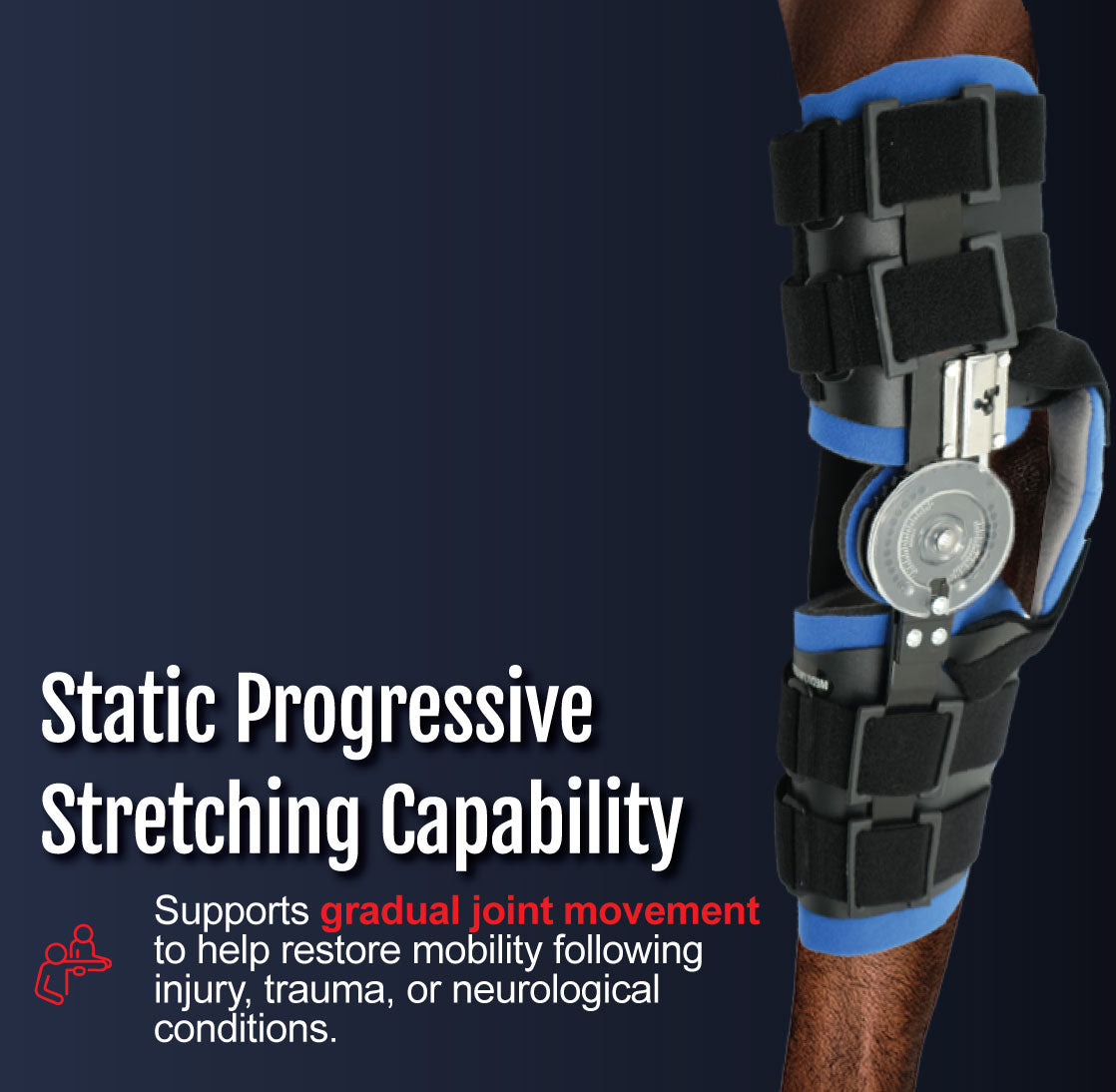 Black and blue ratchet arm brace with adjustable metal hinge and multiple Velcro straps on bent arm.