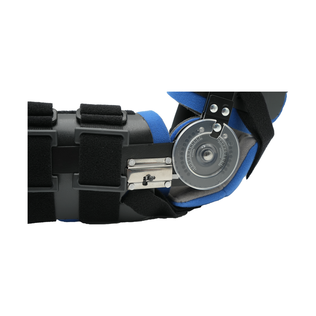 Black and blue ratchet arm brace with adjustable metal hinge and padded straps on forearm and wrist.