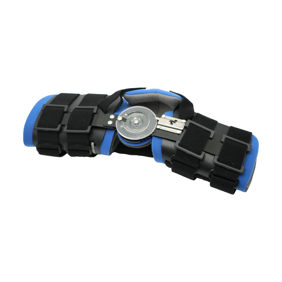 Black and blue ratchet arm brace with adjustable metal hinge and multiple Velcro straps.