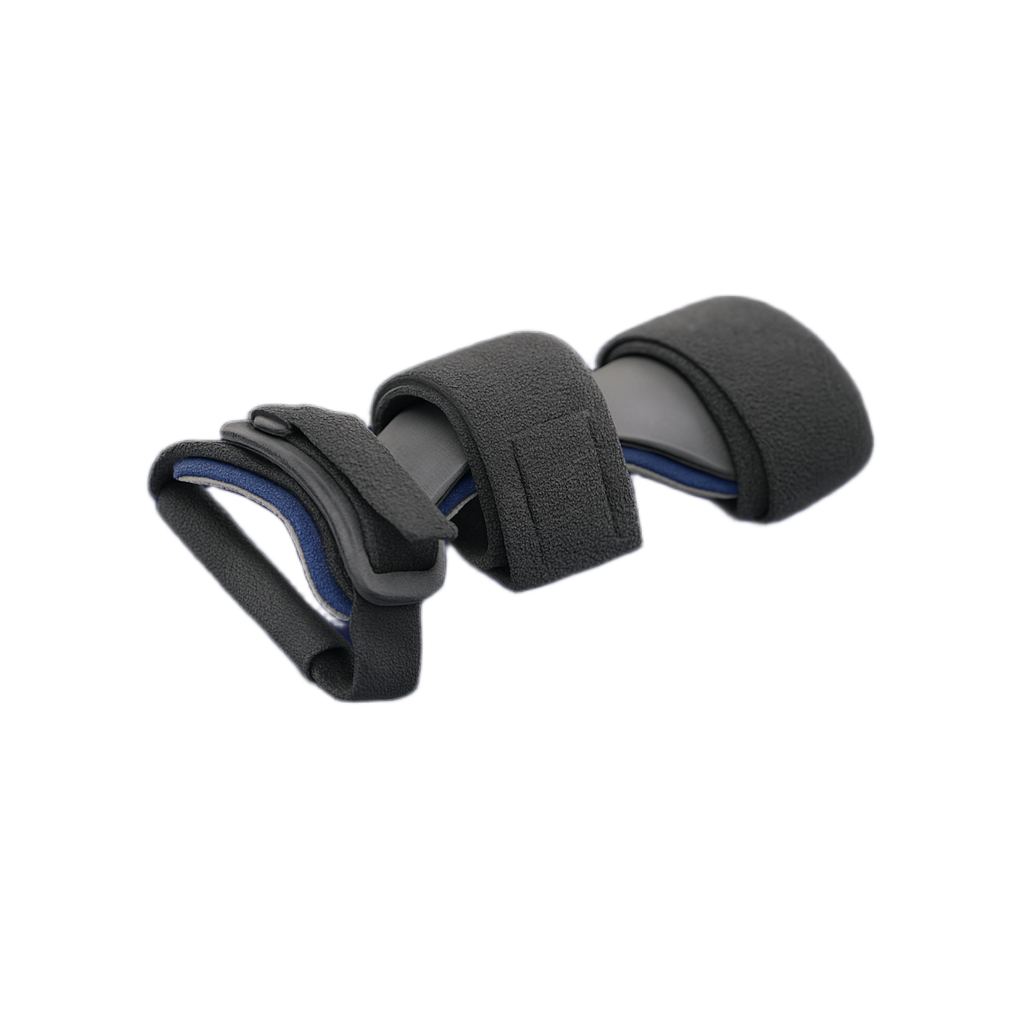 Black and blue medical-grade wrist splint with adjustable straps and rigid support panel.
