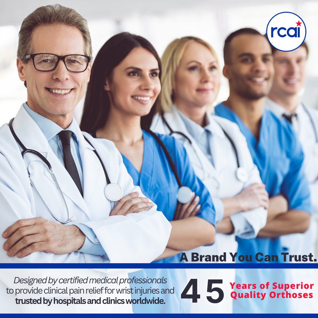 Medical professionals in white coats and blue scrubs standing in a row with arms crossed, RCAI logo in corner, text about 45 .