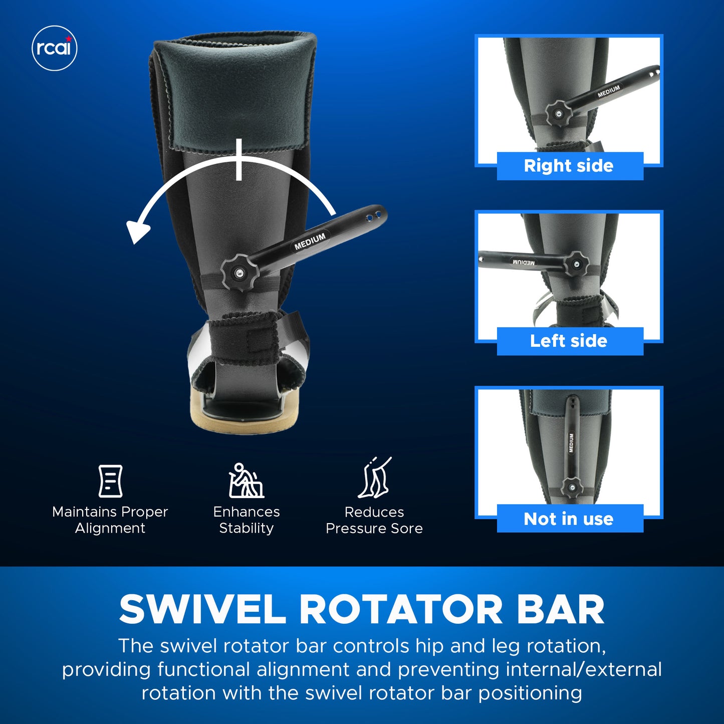 Black orthopedic foot drop splint with adjustable swivel rotator bar for leg rotation control and stability.