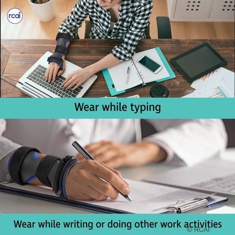 Black and gray dorsal carpal tunnel splint worn on right wrist with adjustable straps, shown in use while typing and writing.