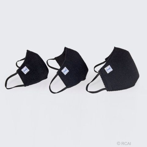 Three black protective face masks in small, pediatric, and universal sizes with ear loops and white brand tags.