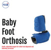 Blue padded baby foot orthosis with adjustable straps for infant foot support, made in the USA, RCAI logo visible.