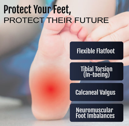 Baby foot with red highlight on heel indicating pain areas for orthosis use.
