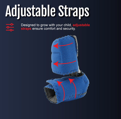 Blue padded baby foot orthosis with adjustable Velcro straps and soft lining.