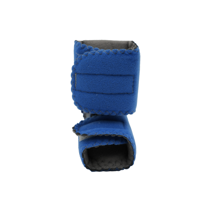Blue baby foot orthosis with soft padding and adjustable Velcro straps.