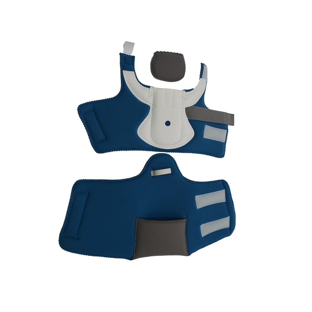 Blue and gray adjustable orthopedic brace with padded support and Velcro straps.