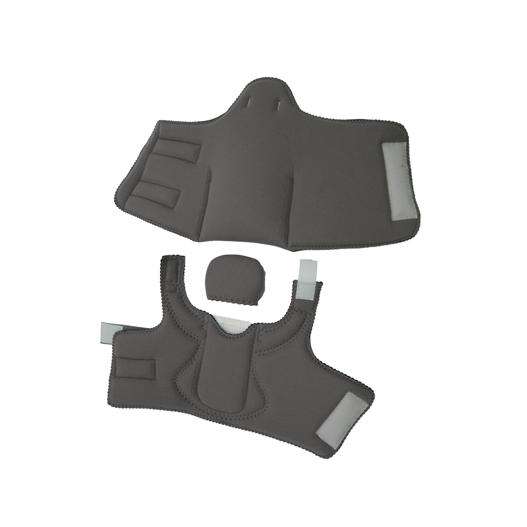 Gray padded brace accessories with Velcro straps and cushioned support pieces for foot and ankle stabilization.