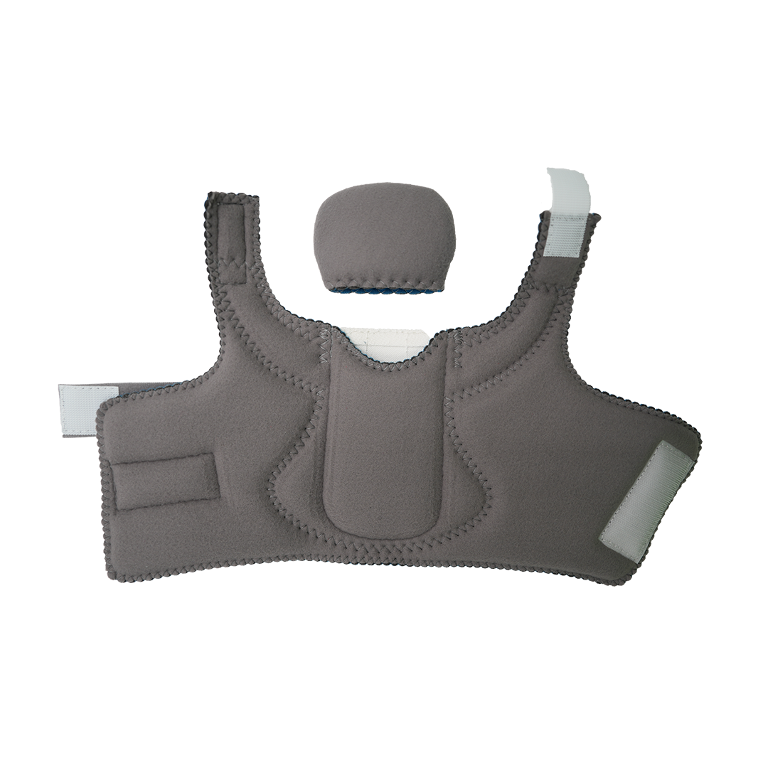 Gray padded orthopedic accessory kit with straps and cushioned central support panel.