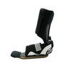 Black and white adjustable medical foot orthosis with cushioned footbed and ambulatory attachment.