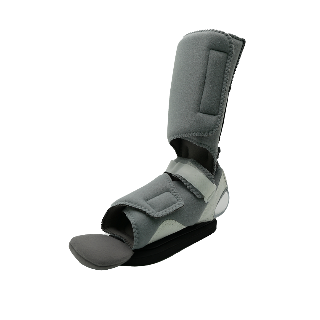 Gray ankle foot orthosis with padded shin cuff, adjustable straps, and black sole plate.