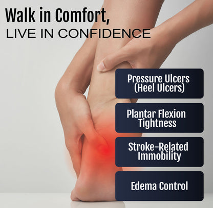 Hand holding red highlighted heel pain area with MPO2000 ambulatory attachment benefits listed.