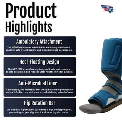 Blue MPO2000 device with detachable ambulatory attachment showing ergonomic design details and anti-microbial liner features.
