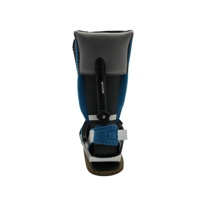 Rear view of black and blue MPO2000 orthopedic brace with ambulatory attachment and adjustable straps.