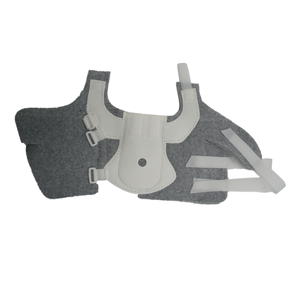 Gray and white adjustable orthopedic foot brace with straps and cushioning pad.