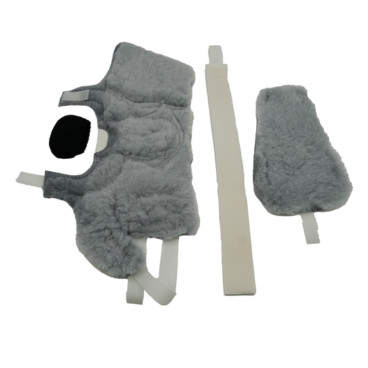Gray padded medical accessory kit with adjustable straps and foam padding pieces for foot and ankle support.