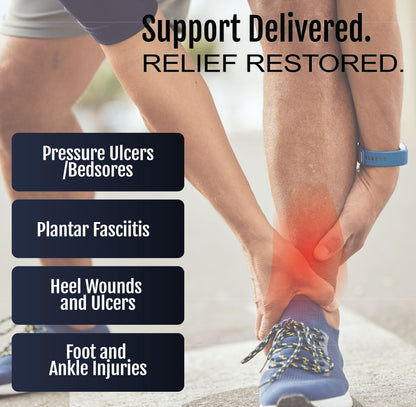 Soft heel suspension boot shown on ankle with blue athletic shoe and red highlighted heel pain area.