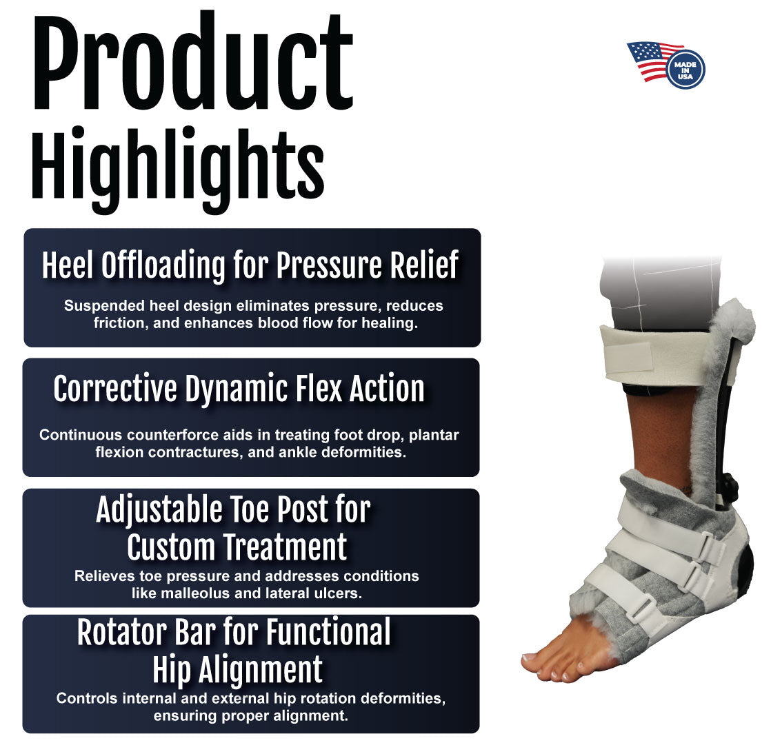 Adjustable multi-podus orthosis boot with padded heel offloading, dynamic flex straps, and rotator bar features.