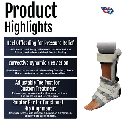 Adjustable multi-podus orthosis boot with padded heel offloading, dynamic flex straps, and rotator bar features.
