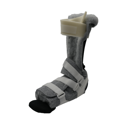 Gray and black adjustable orthotic leg brace with white straps and cushioned interior.