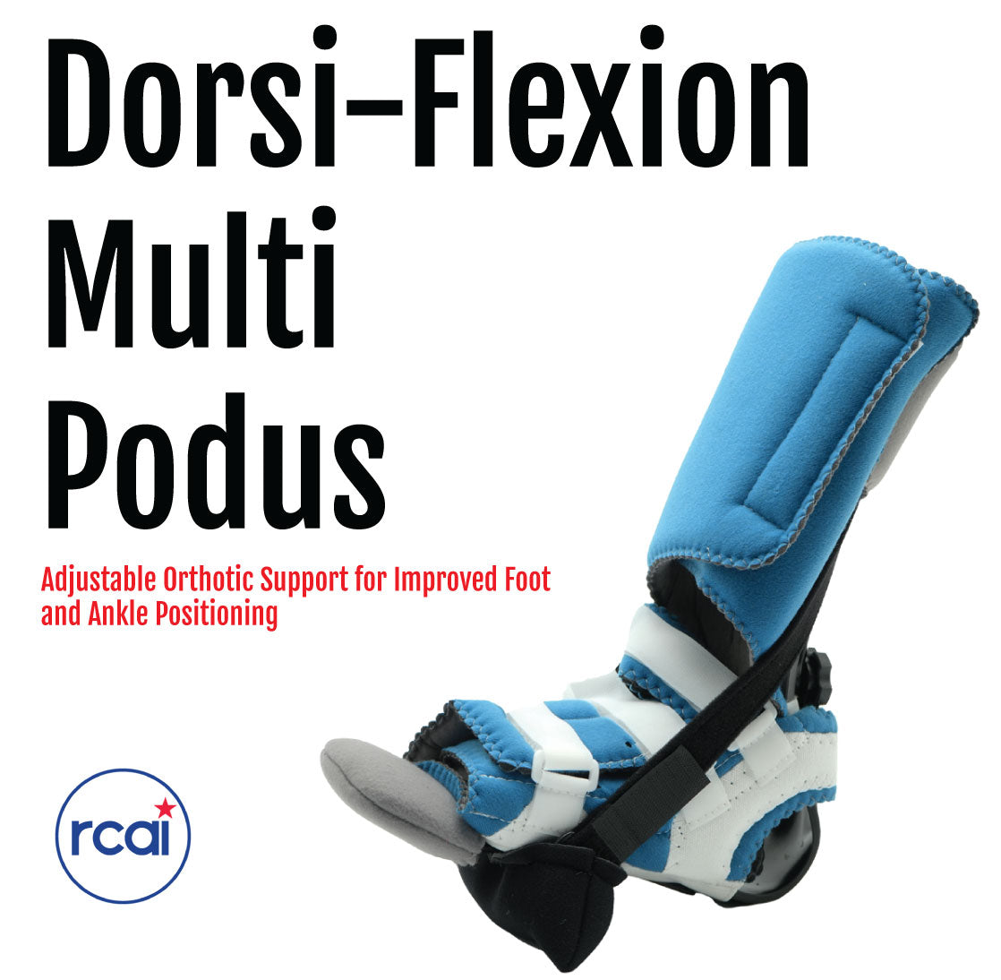 Blue pediatric orthotic foot brace with adjustable straps and black support frame.