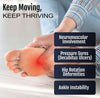 Close-up of a person's foot with a red highlight indicating pain on the sole, overlaid text listing neuromuscular.