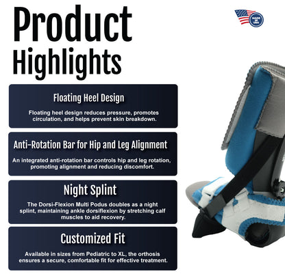 Dorsi-Flexion Multi Podus installation guide with product highlights text and partial view of the product edge in blue and.