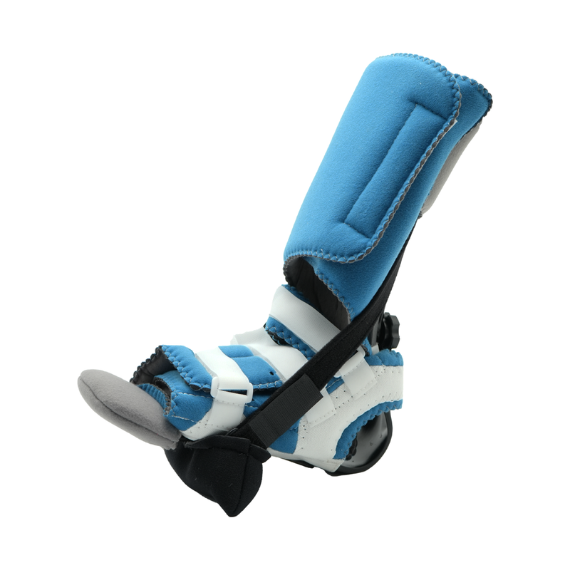 Blue and white pediatric orthopedic foot brace with adjustable straps and padded support.