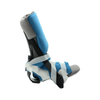 Blue and gray pediatric orthopedic foot brace with white adjustable straps and black rigid support frame.