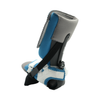 Orthotic ankle brace in gray and blue with black adjustable straps and foot support for dorsiflexion control.