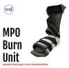 Gray and black MPO Burn Unit orthotic brace with adjustable straps, made in the USA, RCAI logo visible.