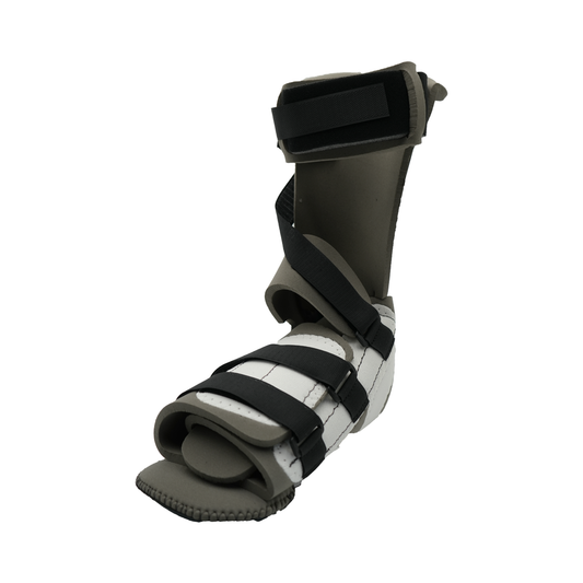 Black and gray orthopedic burn unit splint with adjustable Velcro straps and foam padding.