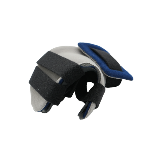 Gray and blue hand orthosis with black adjustable straps for wrist and finger support.